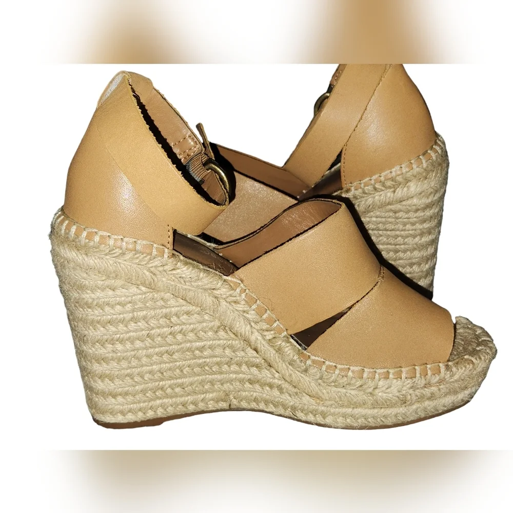Treasure & Bond Tan Leather Espadrille Wedge Sandals Ankle Strap Buckle Closure‎